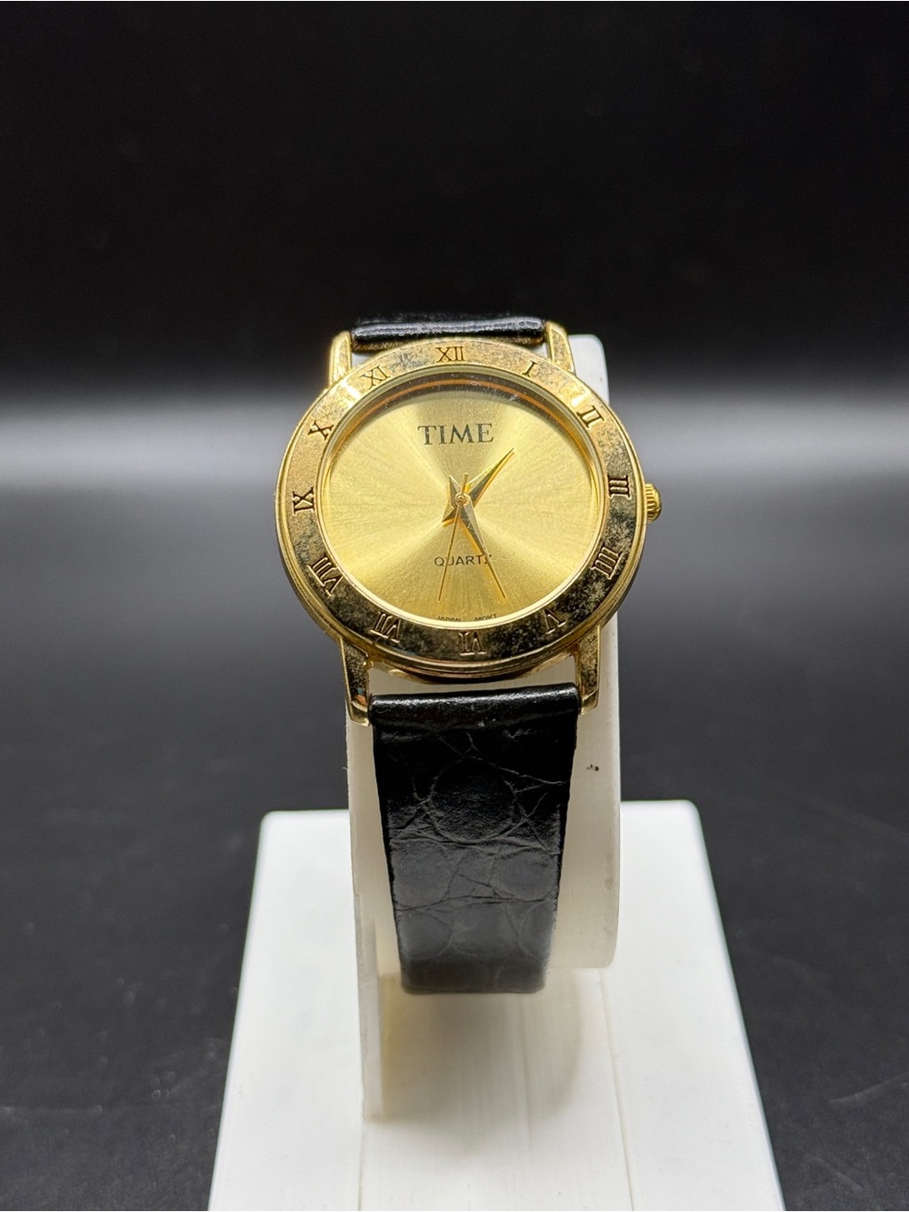Vintage TIME Gold Tone Quartz Watch Black Leather Strap